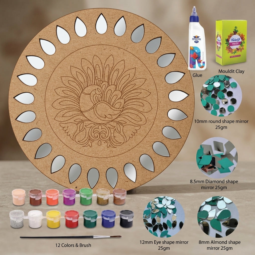 Diy Peacock Round Lippan Art Kit With Mdf Base