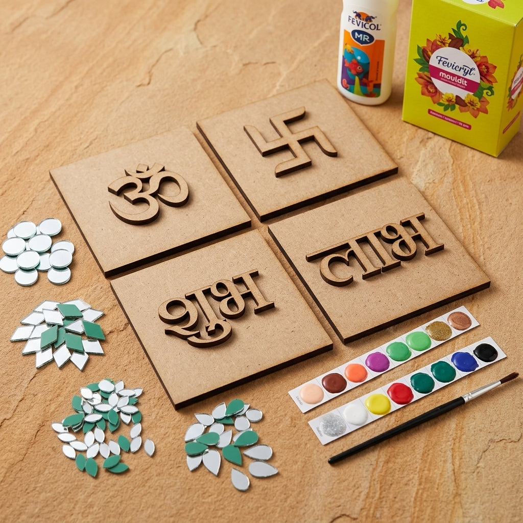 Diy Om Swastik Shubh Labh Lippan Art Kit With Mdf Base