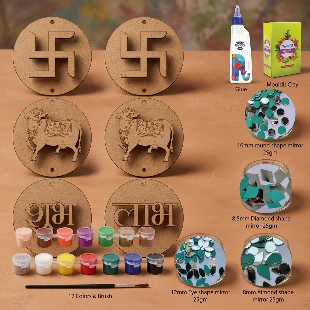 Diy Cow Swastik Shubh Labh Lippan Art Kit With Mdf Base