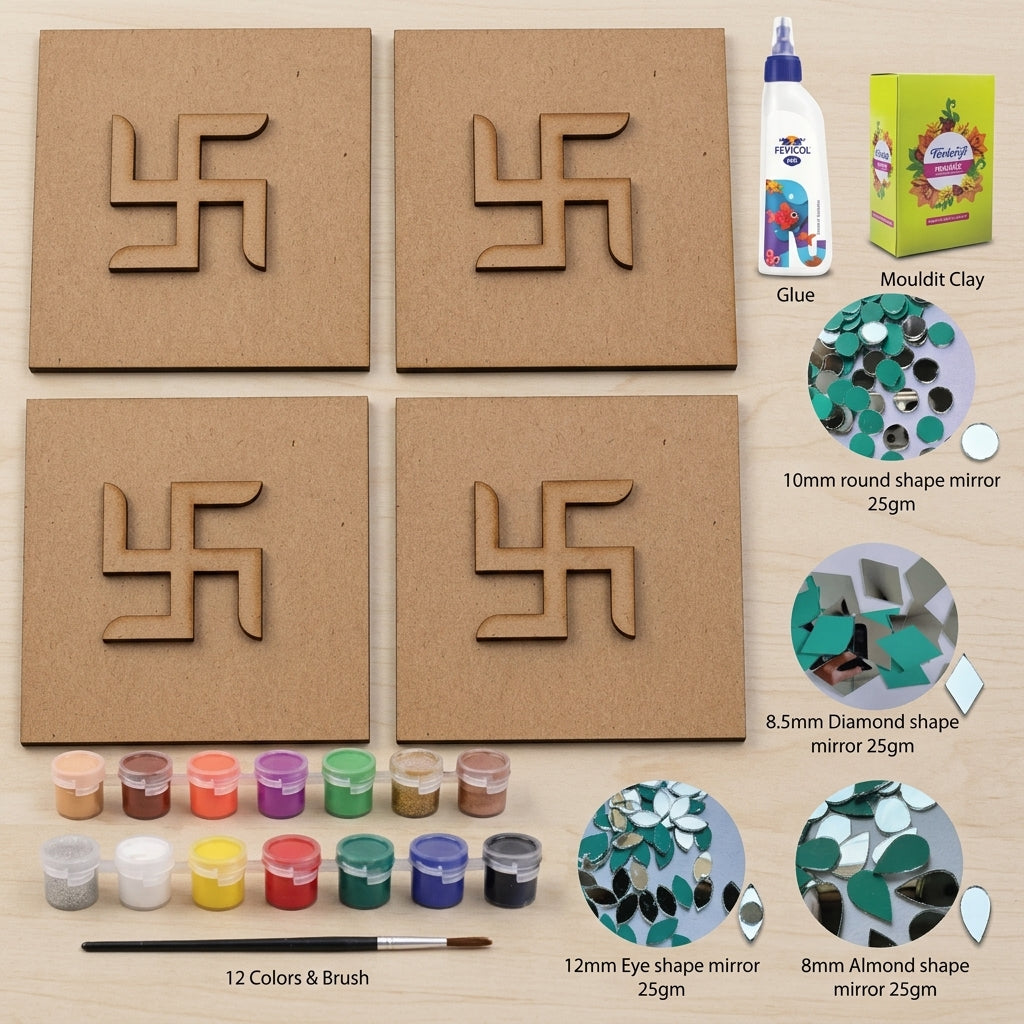 Diy 4 Swastik Symbols Lippan Art Kit With Mdf Base