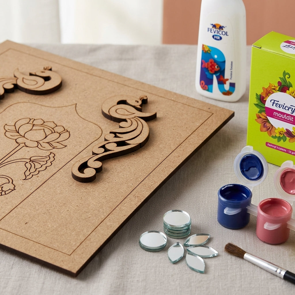 Brown Mdf Peacock Floral Pair Diy Lippan Art Kit For Kids And Adults
