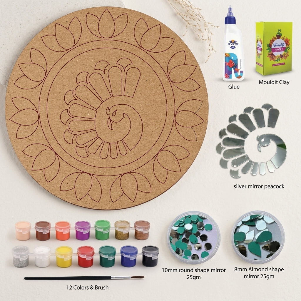 Brown Mdf Mirror Peacock Diy Lippan Art Kit For Kids And Adults