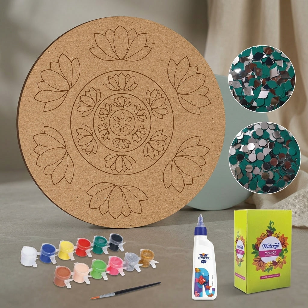 Brown Mdf Lotus Design Diy Lippan Art Kit For Kids And Adults