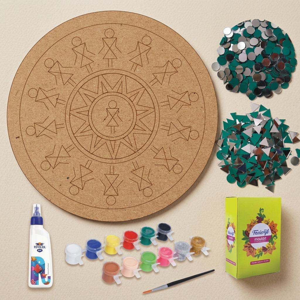 Brown Mdf Warli Art Diy Lippan Art Kit For Kids And Adults