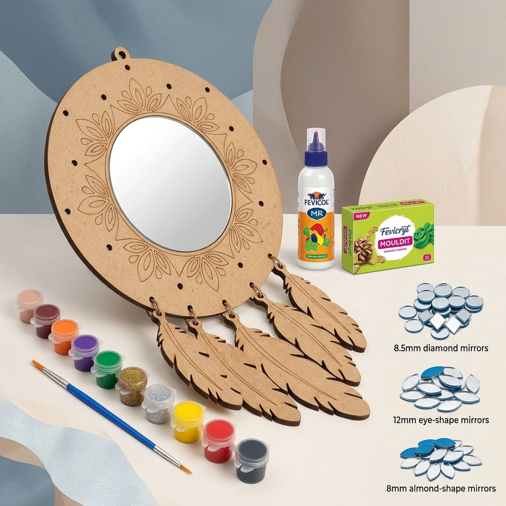 Brown Mdf Mirror Dreamcatcher Diy Lippan Art Kit For Kids And Adults