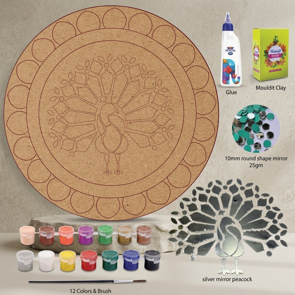 Diy Silver Peacock Mirror Lippan Art Kit With Mdf Base