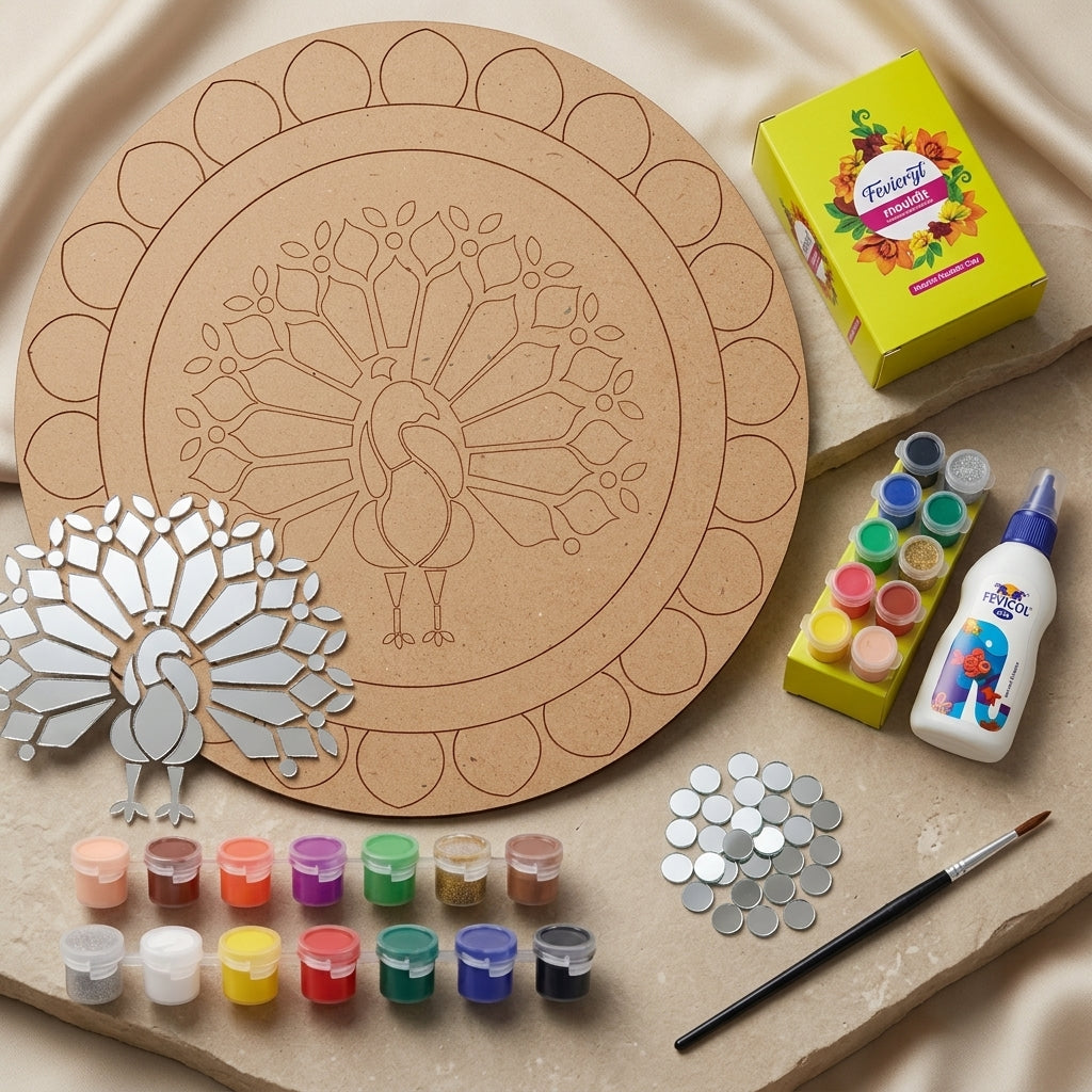 Diy Silver Peacock Mirror Lippan Art Kit With Mdf Base