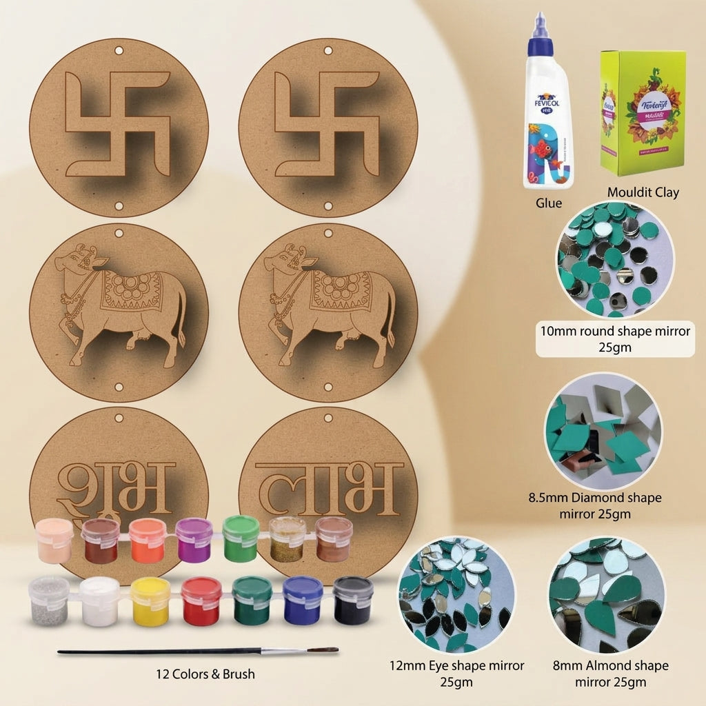 Diy Cow Swastik Shubh Labh Lippan Art Kit With Mdf Base