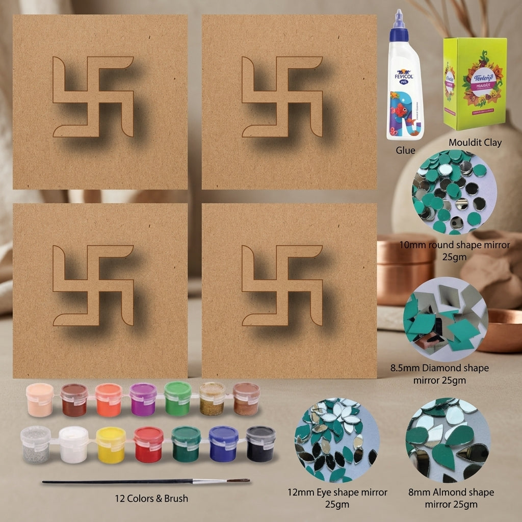 Diy 4 Swastik Symbols Lippan Art Kit With Mdf Base